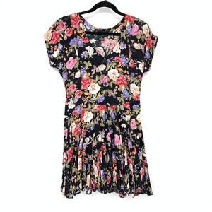 Vintage Starina Womens S 90s Black Floral Rayon Skater Mini Dress Button Front